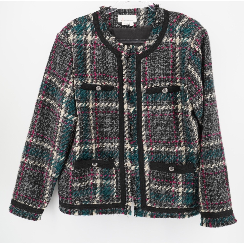 By Anthropologie Tweed Fringe Blazer Jacket Gray Teal Magenta L Preppy Academia